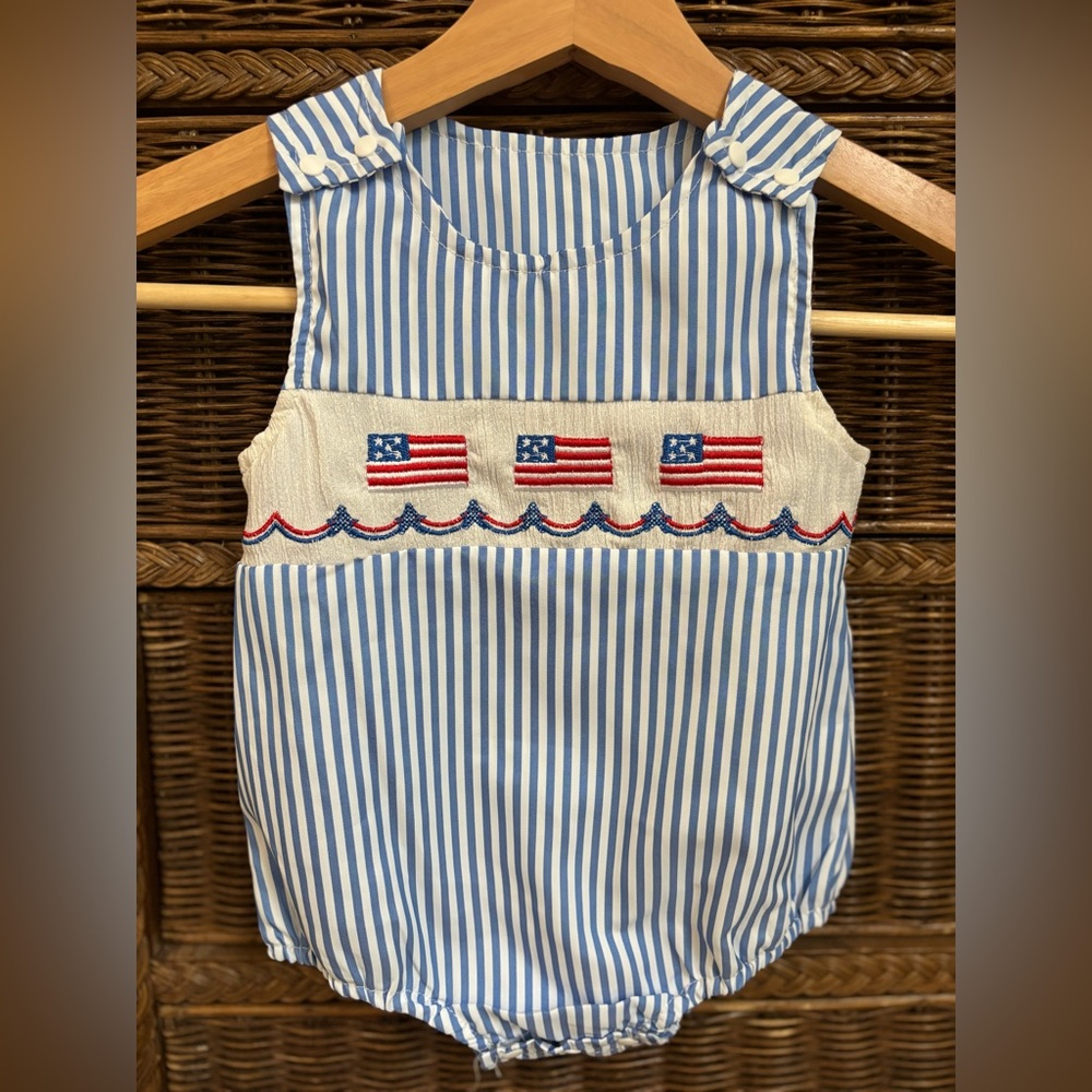 Blue Striped Baby Romper with Flag Detail